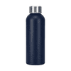 A drink bottle made of recycled aluminium in navy blue with a silver metal cap and a smooth finish.