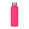 A drink bottle made of recycled aluminium, featuring a bright pink finish and a silver screw cap.
