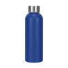 A drink bottle in a vibrant blue colour with a silver screw-top lid and a smooth finish. It features a logo.