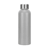 A drink bottle made of recycled aluminium in a sleek silver finish. Features a metal screw-on lid and a logo.