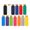 A drink bottle collection featuring various colours, including black, white, navy, red, green, and more, with wooden lids.