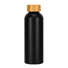 A drink bottle made of recycled aluminium, featuring a sleek black body and a wooden-style cap.