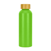 A drink bottle in vibrant green with a wooden lid, featuring a logo on the side.