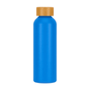 A drink bottle in bright blue with a golden cap, featuring a logo on its surface.
