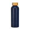 A drink bottle made from recycled aluminium in dark navy with a gold cap and a logo.