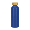 A drink bottle in vibrant blue with a gold cap. Features a logo on the surface. Made from recycled aluminium.