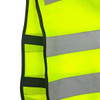A bright yellow hi-vis reflective safety vest with grey reflective stripes and black borders. Features a logo.