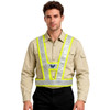 A reflective adjustable safety vest in yellow and silver, featuring a logo, worn by a male model.