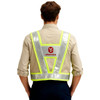 A reflective safety vest in fluorescent yellow and silver, featuring a logo at the back.