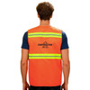 A hi-vis reflective orange safety vest with yellow stripes and pockets, featuring a logo on the back.