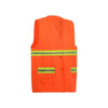 A high-visibility orange button-down safety vest with reflective yellow and grey stripes and front pockets.