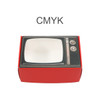 A retro TV-style gift box in red with a mirrored screen and a vintage control panel design. It features a logo.