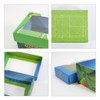 A green custom gift box with a windowed removable lid, featuring tennis court graphics and a logo.