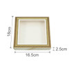 A square custom picture frame-style gift box in gold and white, measuring 18cm by 16.5cm with a depth of 2.5cm.