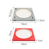 A grey and red custom CD-style gift box, featuring a circular cutout, with dimensions displayed in centimetres.