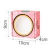 A pink custom gift box with a round window, measuring 9cm high, 10cm wide, and 4cm deep, featuring playful designs.