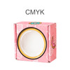 A small pink gift box with a round window and playful illustrations, featuring a logo on the front.