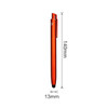 An orange ballpoint pen with a touchscreen stylus tip, featuring a clip and dimensions of 140mm by 13mm.