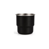 A black stainless steel camping mug with a round bottom and a metallic rim. It features a logo.