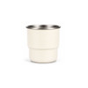 A camping mug in cream colour with a stainless steel rim and single wall design. Features a logo on the side.