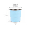 A blue 250ml single wall stainless steel round bottom camping mug with a metallic rim and a logo on it.
