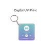 A square acrylic keychain in a gradient of blue and green, featuring a digital music player design and a keyring.