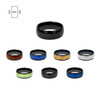 A collection of NFC ceramic rings in various colours including black, green, blue, brown, and silver, with one black ring prominently displayed.