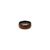 A NFC ceramic ring featuring a polished black interior and a rich brown wooden exterior. It has a logo visible.