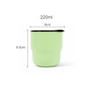 A green 220ml double wall stainless steel camping mug with a round bottom and a black lid. Dimensions are 8cm x 8.5cm.