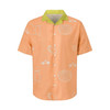 A men's orange polyester spandex Cuban collar shirt with white shell patterns and a green collar. Features a logo.