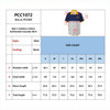 A colourful Hawaiian shirt with a patterned design, featuring a logo and a size chart for various sizes.