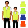 Hi-Vis reflective trim safety vests in yellow, green, and blue, displayed on adults and children. Includes a logo.