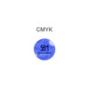 A circular blue sticker with a glossy finish featuring a logo and text.