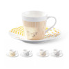 A coffee cup and saucer set in white with yellow striped and geometric designs, featuring a branding logo.