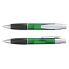 A green plastic pen with silver accents, featuring a push button and a grip section. It has a branding logo on the barrel.