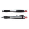 A silver and black dual-sided pen with a highlighter and a logo, featuring a textured grip.