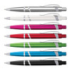 A collection of Athena pens in silver, white, pink, red, green, blue, and black, each with a sleek design and a logo.
