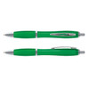 A translucent green plastic pen with a silver clip and trim, displayed from two angles.