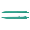 A set of two teal plastic pens, featuring a streamlined design and a clip on one side.