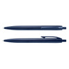 Two navy blue plastic pens are displayed, one with a cap and one without, featuring a logo.