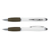 A stylus pen with a white barrel and a dark green grip, featuring a shiny chrome clip and a stylus tip at one end.