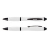 A stylus pen in white and black, featuring a smooth barrel and a sleek design, with a brand logo present.
