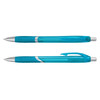 Two turquoise plastic pens with silver accents and grips, featuring a clip and a smooth design.