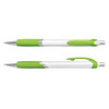 Two plastic pens featuring a white barrel with green accents and silver detailing. One pen has a grip section.