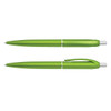 A green plastic pen with a shiny finish, featuring a clip for easy attachment and a smooth writing tip.