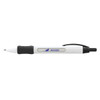A plastic pen in white with a black grip and a logo on the barrel.