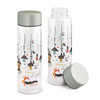 A drink bottle featuring a clear body with decorative light bulb graphics and a grey lid. It includes a logo.