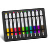 A display stand featuring ten multi-coloured pens in a sleek black holder. Each pen has a white barrel.