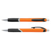Two plastic pens with an orange barrel and black grips, featuring a shiny silver clip. One pen has a retractable design.
