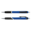 Two blue plastic pens with black grips and silver accents, featuring a logo on the barrel.